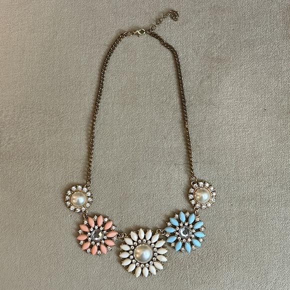 Pink, Blue & White Faux Diamond & Pearl Floral Statement Necklace - Picture 9 of 10